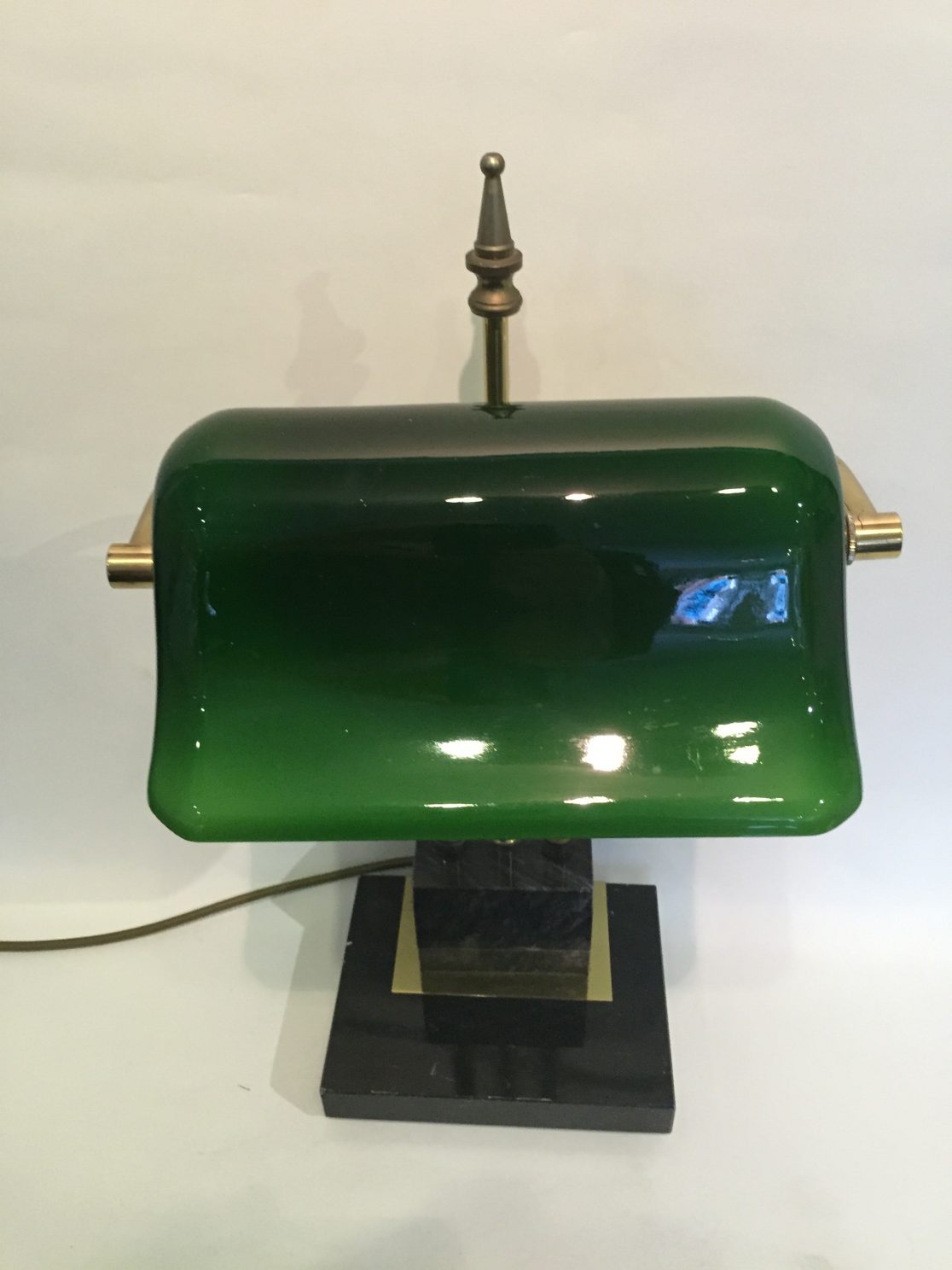Brass Banker’s Desk Lamp with a Green Glass Shade, Brass, Marble Base