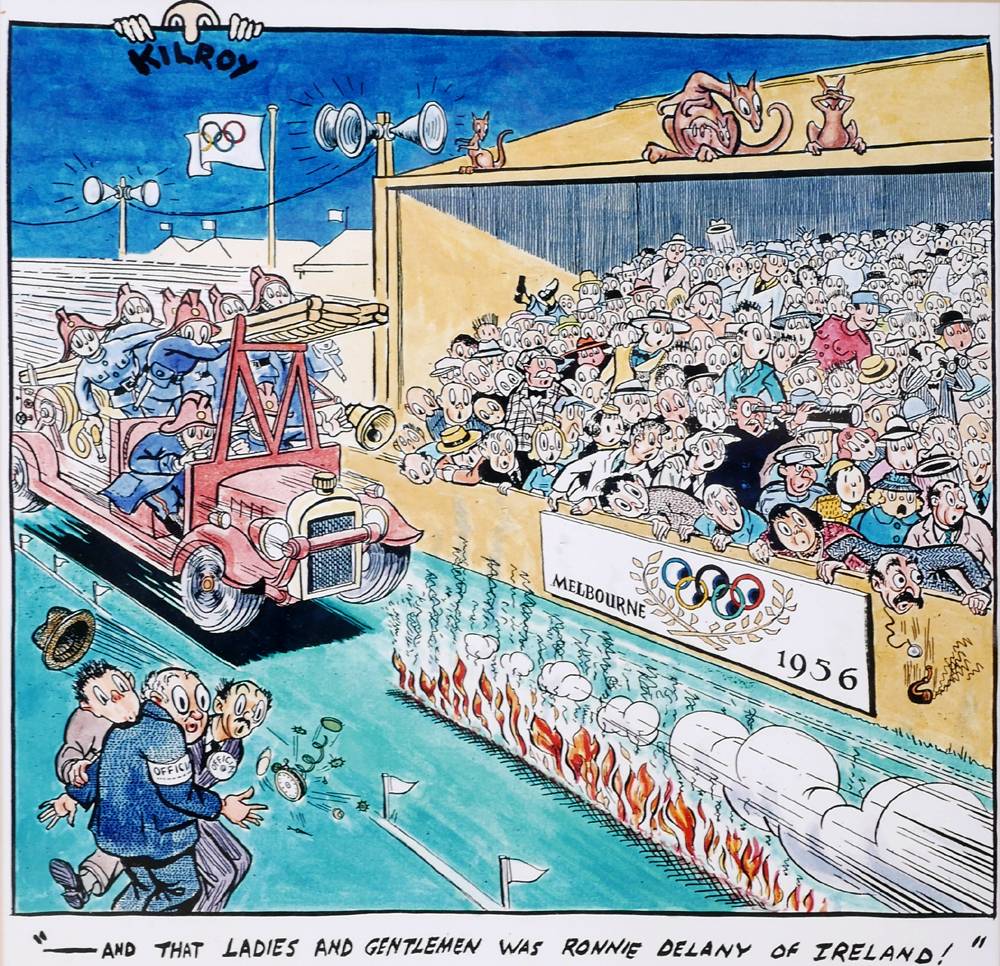 Micheál Ó Nualláin cartoon of Ronnie Delaney's victory in the mile at the Melbourne Olympics.